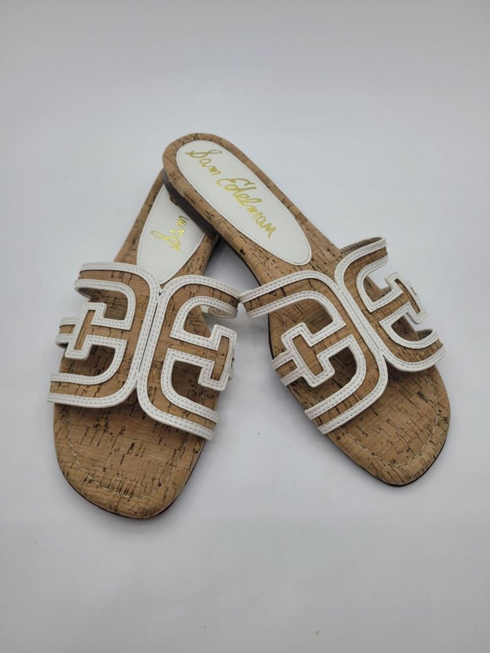 Pristine Sam Edelman Bay Multi Sandals Cork White Trim Flat Slides Size 9.5